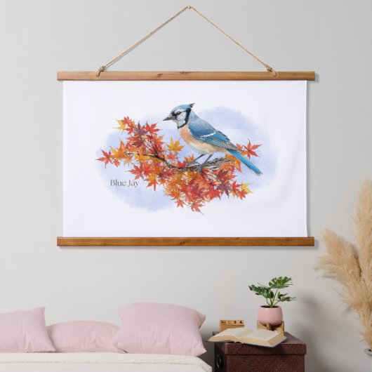 Blauer Häher in Herbstfarben Wandteppich Mit Holzrahmen (Schlafzimmer)