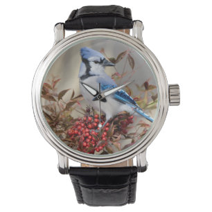 Blauer Häher in Nandina Heavenly Bamboo Armbanduhr