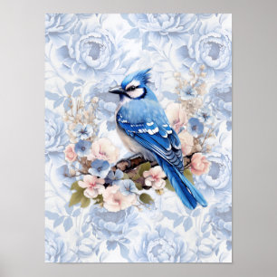 Blauer Häher mit Kornblumenblau und Rosa Floral  Poster