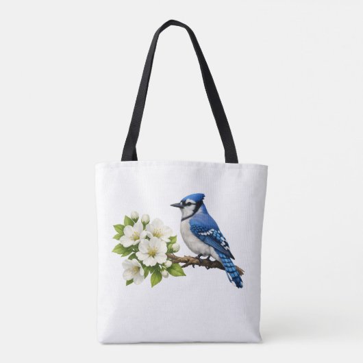Blauer Häher mit weißen Blüten Tasche (Rückseite)