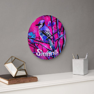 Blauer Häher-Vogel-Baumzweig Rosa Personalisiert Große Wanduhr