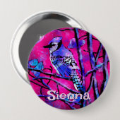 Blauer Häher-Vogelfeige Zweig Rosa Personalisiert  Button (Vorne & Hinten)