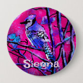 Blauer Häher-Vogelfeige Zweig Rosa Personalisiert  Button (Vorderseite)