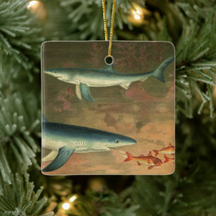 Blauer Hai beim Fressen von Fischen, Vintage Meere Keramikornament