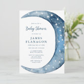 Blauer Halbmond | Boy Baby Dusche Einladung (Stehend Vorderseite)