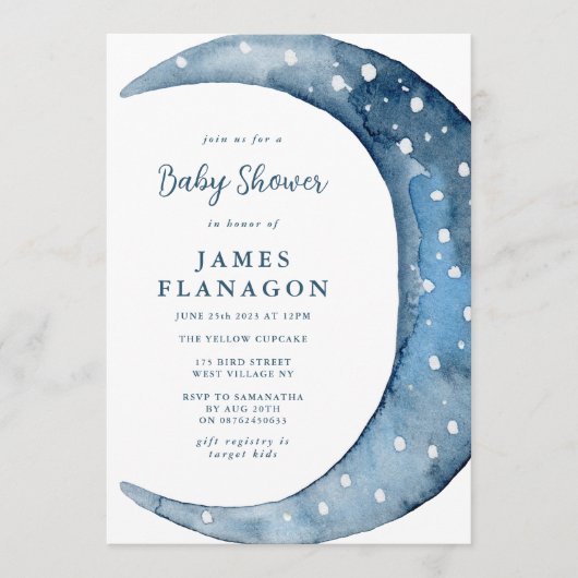 Blauer Halbmond | Boy Baby Dusche Einladung (Vorderseite)