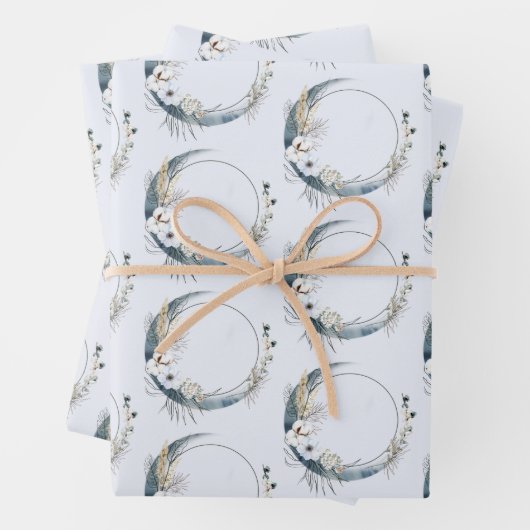 Blauer Halbmond mit weißem Blume-Muster Geschenkpapier Set (Beispiel)