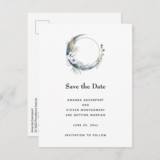 Blauer Halbmond mit weißen Blume Ankündigungspostkarte (Vorne/Hinten)