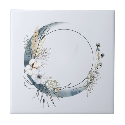 Blauer Halbmond mit weißen Blume Fliese (Vorderseite)