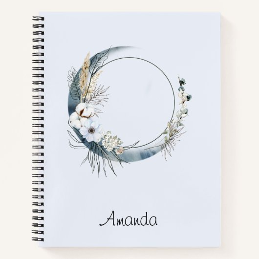 Blauer Halbmond mit weißen Blume Notizblock (Vorderseite)