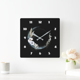 Blauer Halbmond mit weißen Blume Quadratische Wanduhr