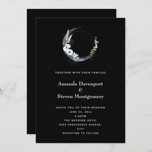 Blauer Halbmond mit weißer Blume Hochzeit Einladung (Vorne/Hinten)