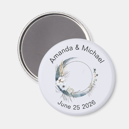 Blauer Halbmond mit weißer Blume Hochzeit Magnet (Vorderseite/Rückseite)