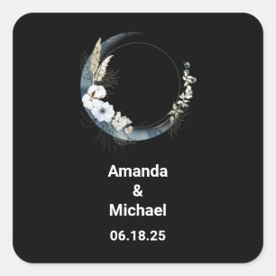 Blauer Halbmond mit weißer Blume Hochzeit Quadratischer Aufkleber