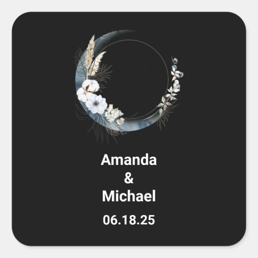 Blauer Halbmond mit weißer Blume Hochzeit Quadratischer Aufkleber (Vorderseite)