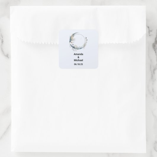 Blauer Halbmond mit weißer Blume Hochzeit Quadratischer Aufkleber (Tasche)