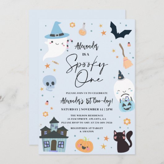 Blauer Halloween 1. Geburtstag Einladung (Vorne/Hinten)