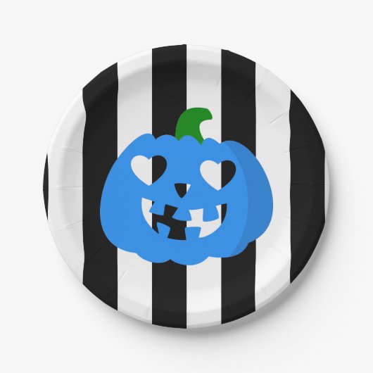 blauer Halloween-Herz-Kürbis gestreift Pappteller (Vorderseite)