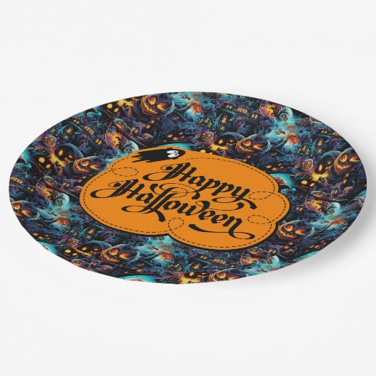 Blauer Halloween Pappteller (Schrägansicht)