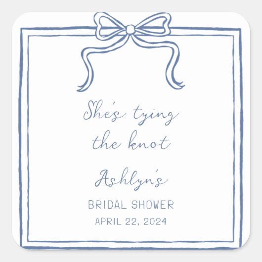 Blauer Hand gezeichnet. Sie bindet den Knoten Stic Quadratischer Aufkleber (Vorderseite)