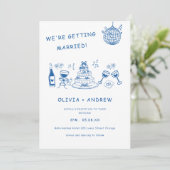 Blauer Hand gezeichnet Whimsical Quirky Funky Wedd Einladung (Stehend Vorderseite)