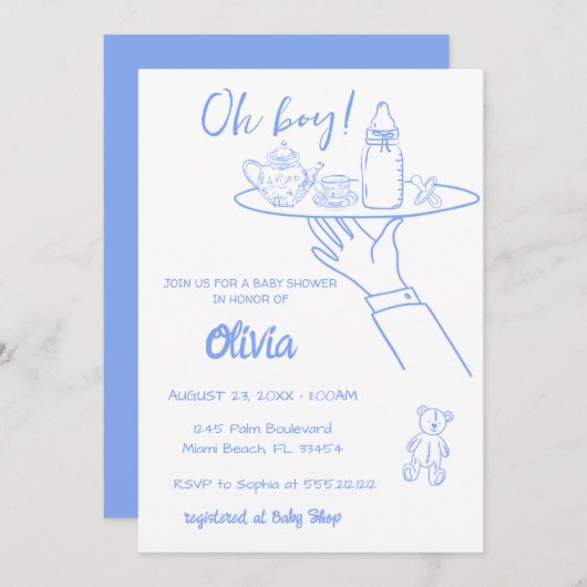 Blauer Händedruck Whimsical Baby Dusche Einladung (Vorne/Hinten)