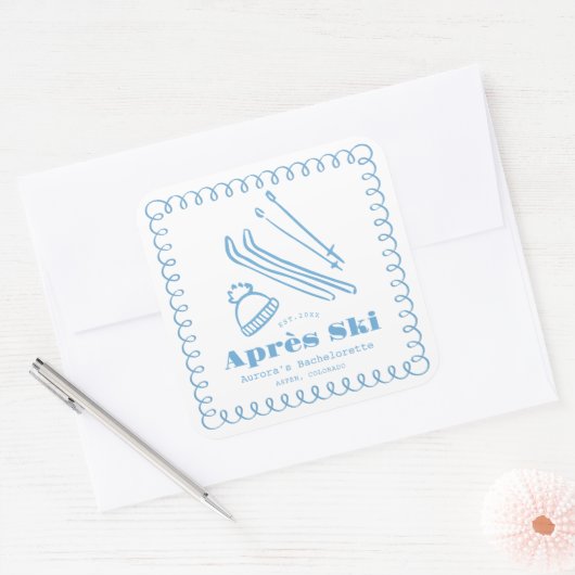 Blauer handGezeichnet Winteraprès Ski Bachelorette Quadratischer Aufkleber (Umschlag)