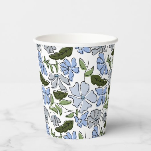 Blauer handgezeichneter Blumenblock Print Pappbecher (Rückseite)