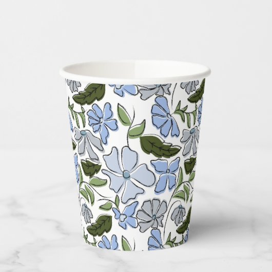 Blauer handgezeichneter Blumenblock Print Pappbecher (Links)