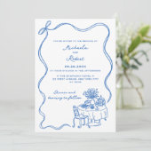 Blauer handgezogener Doodles - Hochzeit ohne Foto Einladung (Stehend Vorderseite)