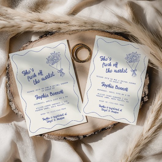 Blauer Handzug Fresh off Market Brautparty Einladung