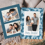 Blauer Hartglas Happy Hanukkah 3 Foto Feiertagskarte<br><div class="desc">Senden Sie Ihren Urlaub Grüße an Freunde und Familie mit diesen modernen Hanukkah Fotokarten. Das Design zeigt Ihr liebstes, gerahmtes, vertikales Foto in Weiß mit einem Hintergrund aus mattiertem Aquarellglas in hellen und dunkelblauen Farbtönen. "Happy Hanukkah" wird unten in einem dunkelblauen, handgeschriebenen Pinselskript angezeigt. Personalisieren Sie die Rückseite der Karte...</div>