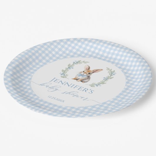 Blauer Hase Osterkaninchen Gingham Babydusche Pappteller (Schrägansicht)
