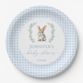Blauer Hase Osterkaninchen Gingham Babydusche Pappteller