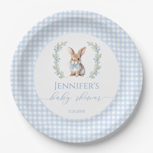 Blauer Hase Osterkaninchen Gingham Babydusche Pappteller (Vorderseite)