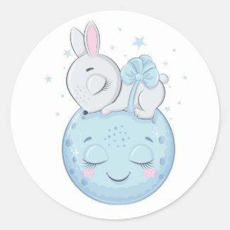 Blauer Hase über dem Mond Runder Aufkleber