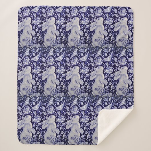 Blauer Hasen Bunny Bird Chinoiserie Sherpadecke (Vorderseite)