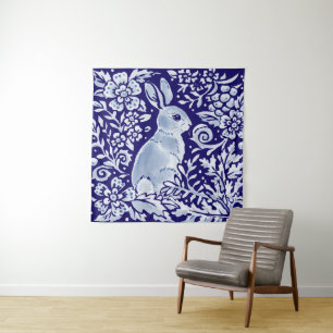 Blauer Hasen Floral Woodland Delft Dedham Wandteppich