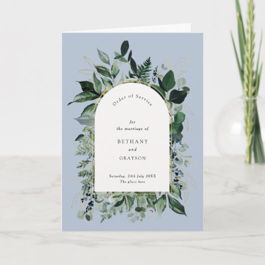 Blauer Hauch Moderne botanische Hochzeit Programm (Vorderseite)