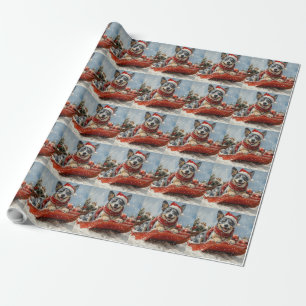 Blauer Heeler Hund im Schlitten Lass es schneien W Geschenkpapier