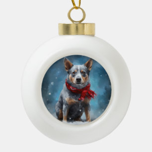 Blauer Heeler Hund im Schnee Weihnachten  Keramik Kugel-Ornament