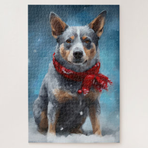 Blauer Heeler Hund im Schnee Weihnachten Puzzle