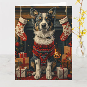 Blauer Heeler-Hund mit Weihnachtsgeschenken Kamin Karte
