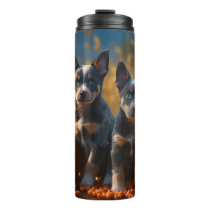 Blauer Heeler Welpe Herbstfreude Kürbis Thermosbecher