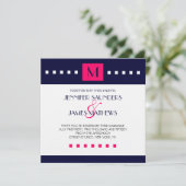 Blauer Heiß rosa Monogramm Moderne Hochzeitseinlad Einladung (Stehend Vorderseite)