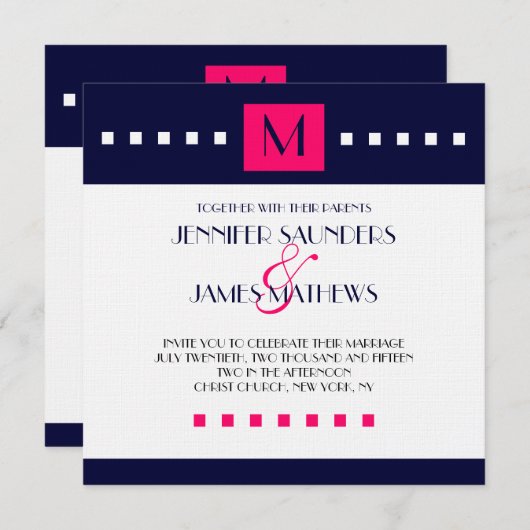 Blauer Heiß rosa Monogramm Moderne Hochzeitseinlad Einladung (Vorne/Hinten)