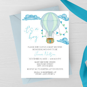 Blauer Heißluftballon „Es ist ein Junge“ Babyparty Einladung