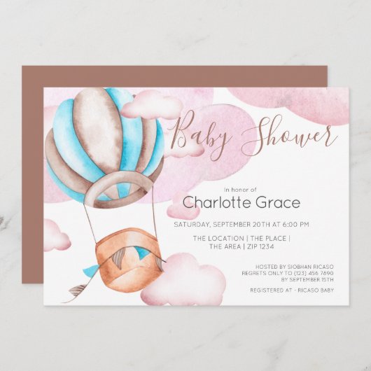 Blauer Heißluftballon in der Wolkendusche Einladung (Vorne/Hinten)