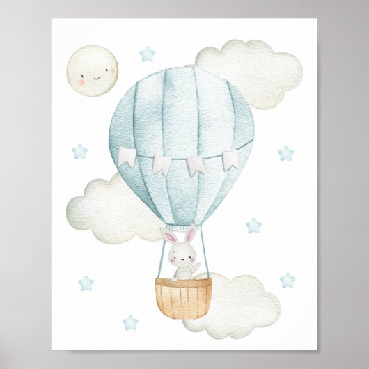 Blauer Heißluftballon, Tiere, Sonne, Kinderzimmer Poster (Vorne)