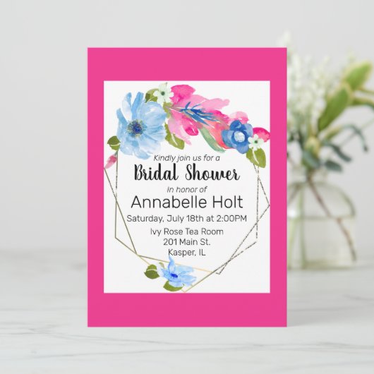 Blauer hellblauer, rosa, blühender goldfarbener Ra Einladung (Stehend Vorderseite)